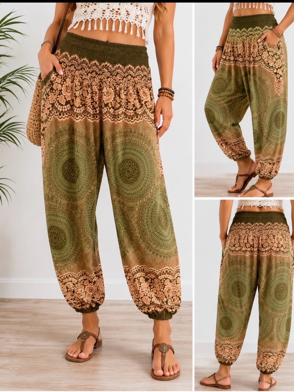Boho Olive Green Printed Harem Joggers with Elastic Waist